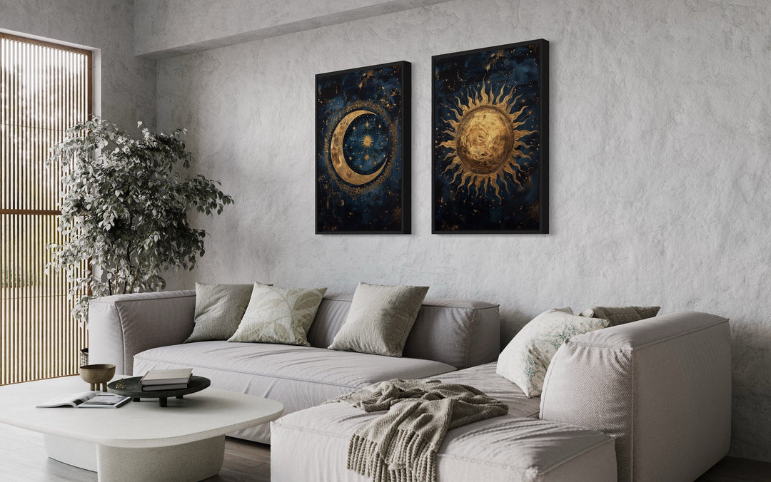 Sun And Moon Set Of 2 Navy Blue Gold Framed Canvas Wall Art