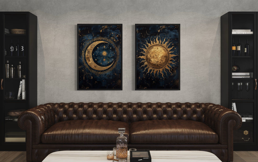 Sun And Moon Set Of 2 Navy Blue Gold Framed Canvas Wall Art