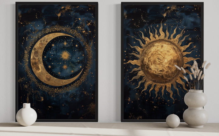 Sun And Moon Set Of 2 Navy Blue Gold Framed Canvas Wall Art