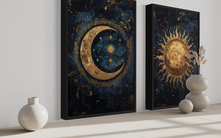 Sun And Moon Set Of 2 Navy Blue Gold Framed Canvas Wall Art