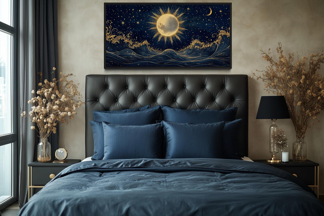 Sun And Stars Over Ocean Canvas Wall Art