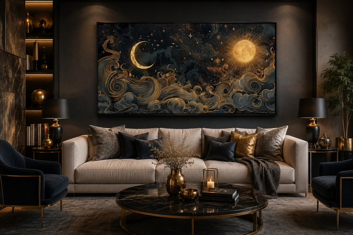 Framed black and gold celestial canvas wall art featuring a sun, moon, and stars above a sofa.