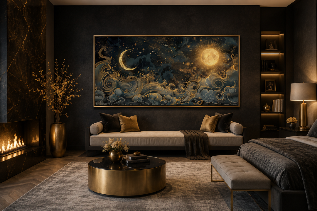 Framed celestial wall art featuring a gold sun and moon with swirling clouds over a sofa.