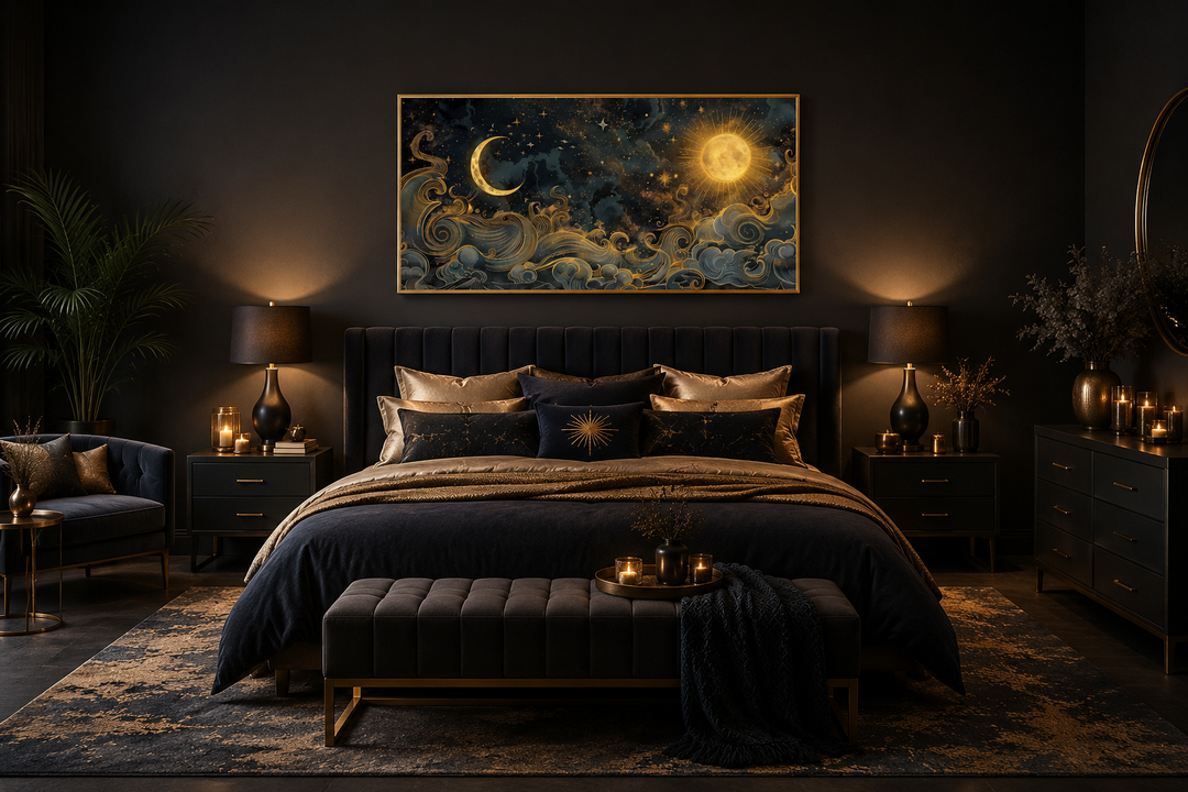 Framed celestial wall art with gold sun and moon above a dark bed in a modern bedroom.