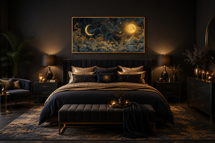 Framed celestial wall art with gold sun and moon above a dark bed in a modern bedroom.