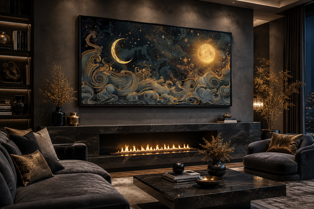 Framed black and gold celestial canvas wall art featuring a sun, moon, and stars above a fireplace.
