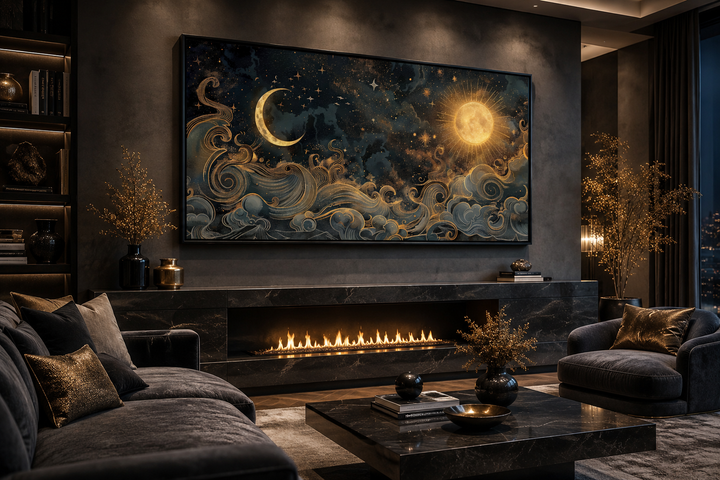 Framed black and gold celestial canvas wall art featuring a sun, moon, and stars above a fireplace.