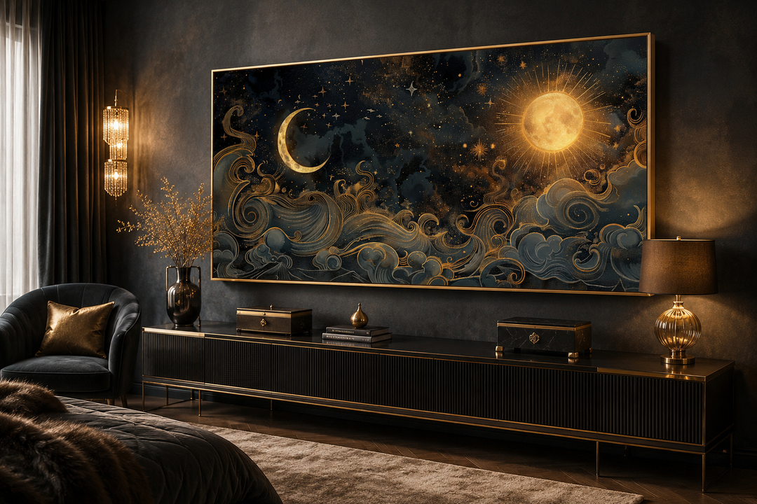 Framed black and gold celestial canvas art featuring a sun, moon, and stars above a dark sideboard.