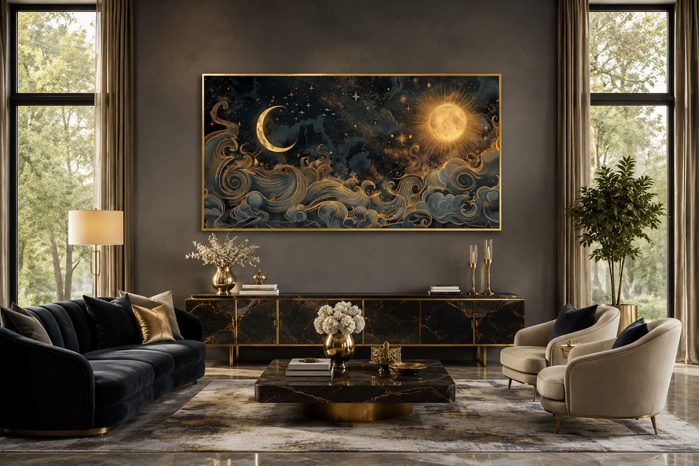 Framed black and gold celestial canvas art featuring a sun, moon, and stars above a marble sideboard.