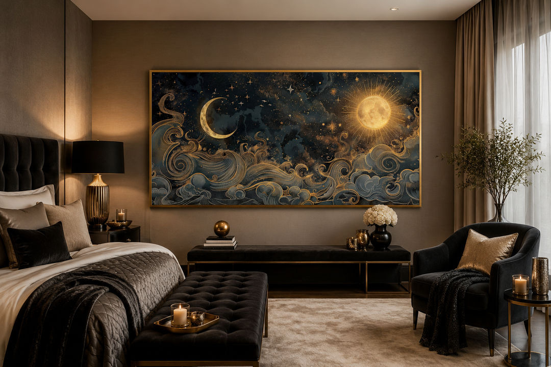 Framed celestial wall art featuring a gold sun and crescent moon above a bed in a modern bedroom.