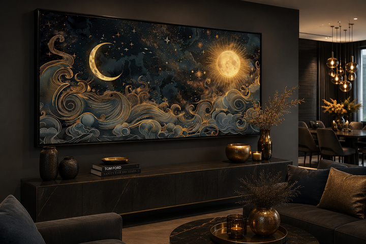 Framed black and gold celestial canvas wall art featuring a sun, moon, and stars over a dark console.