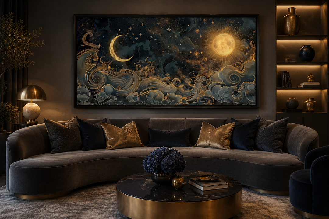 Framed black and gold celestial canvas art featuring a sun, crescent moon, and stars above a sofa.