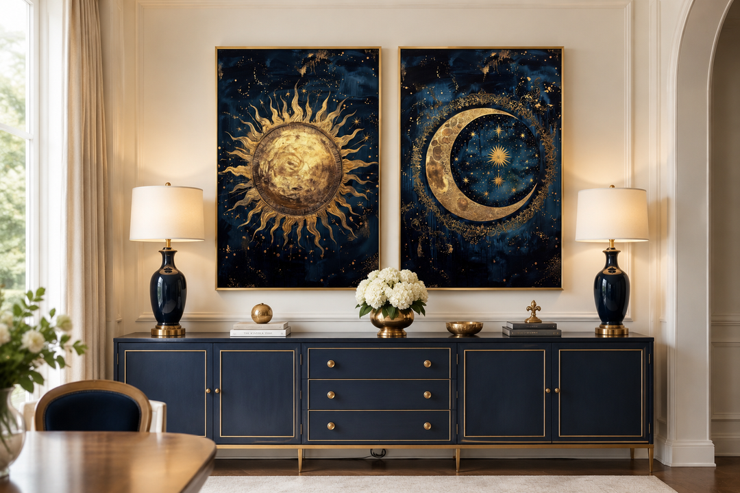 Sun and moon set of 2 navy blue and gold framed canvas wall art above a matching sideboard.