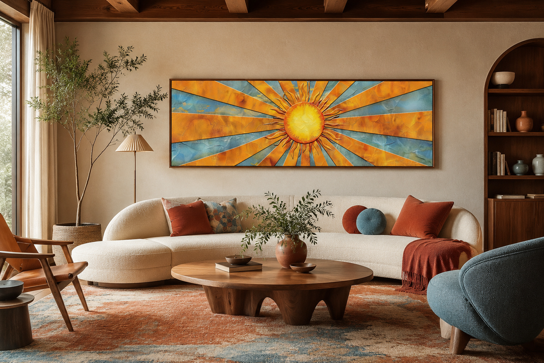 Mid-century modern horizontal canvas art featuring a vibrant yellow sun with orange and blue rays.