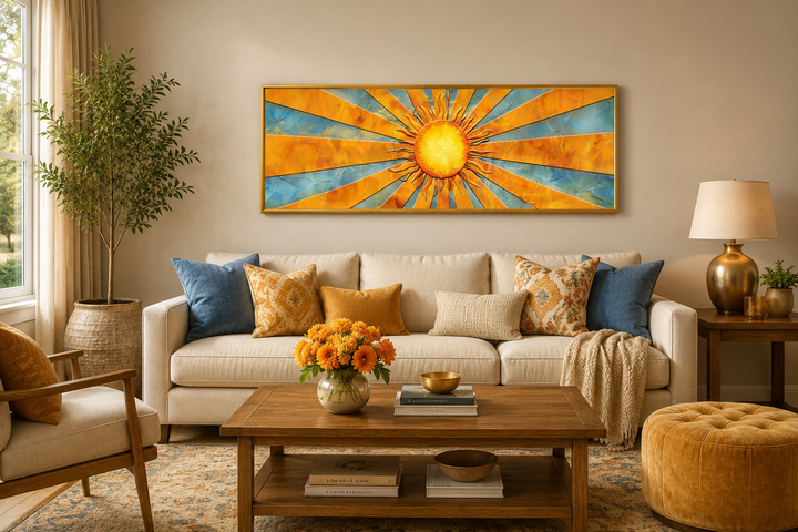 Mid-century modern horizontal canvas wall art featuring a yellow sun with radiating rays.