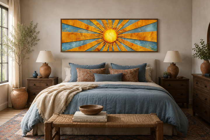 Mid-century modern yellow sun rays horizontal canvas wall art hanging above a bed in a bedroom.