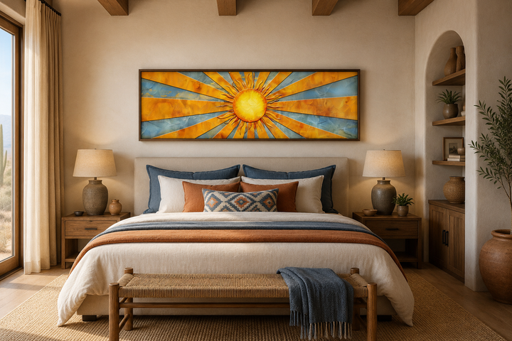 Mid-century modern horizontal canvas wall art featuring yellow sun rays above a king-size bed.