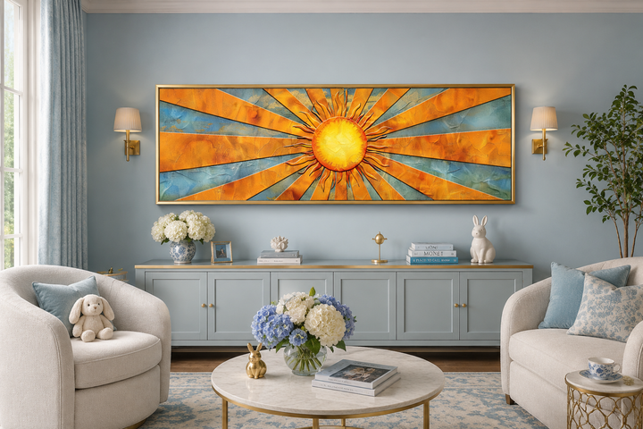 Mid-century modern horizontal canvas wall art featuring a vibrant yellow sun with radiant rays.