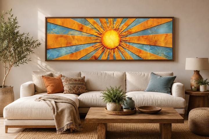Mid-century modern horizontal canvas art featuring a yellow sun with rays above a neutral sofa.