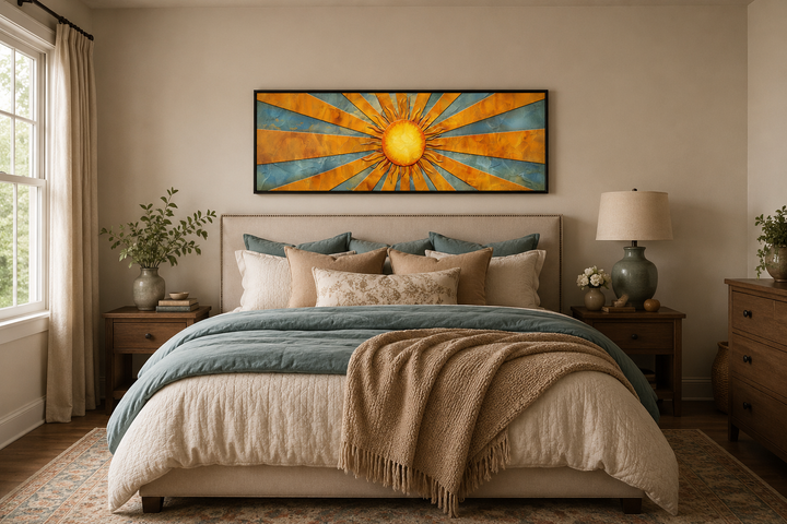 Mid-century modern horizontal canvas art featuring yellow sun rays above a bed in a neutral room.