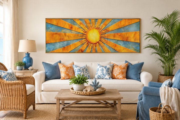 Mid-century modern horizontal canvas wall art featuring a yellow sun with radiating orange rays.