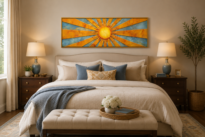 Mid-century modern yellow sun rays horizontal canvas wall art framed above a king-size bed.
