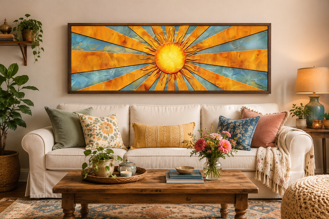 Mid-century modern horizontal canvas art featuring a vibrant yellow sun with radiating rays.