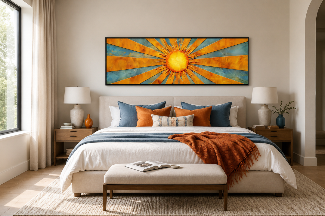 Mid-century modern yellow sun rays horizontal canvas wall art hanging above a king-size bed.