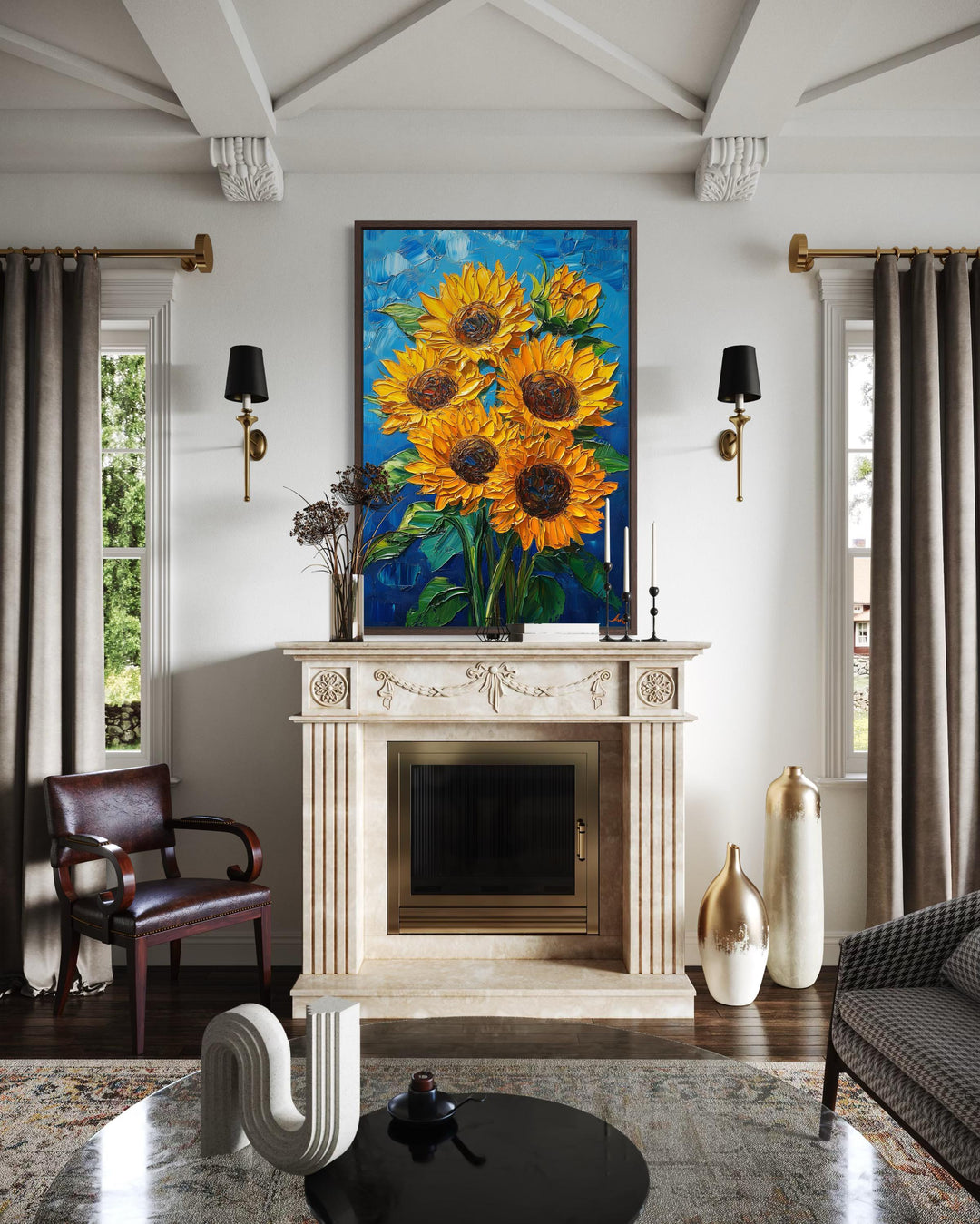 Sunflower Bouquet on Blue Background Canvas Wall Art