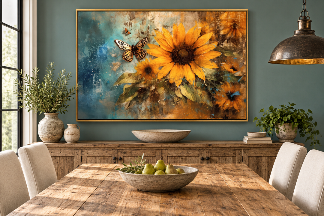 Rustic framed canvas wall art of sunflowers and butterflies in a farmhouse dining room.