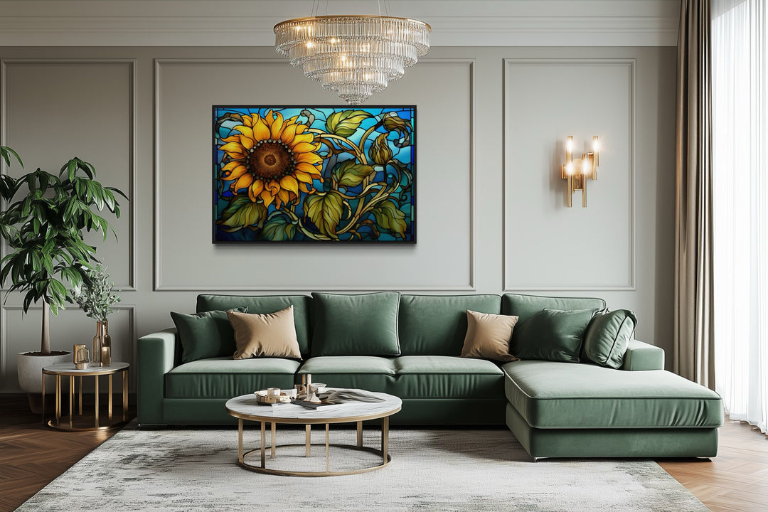 Sunflower Stained Glass Art Deco Style Framed Canvas Wall Art