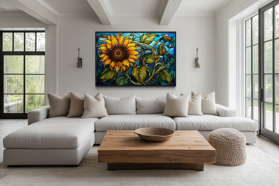 Sunflower Stained Glass Art Deco Style Framed Canvas Wall Art