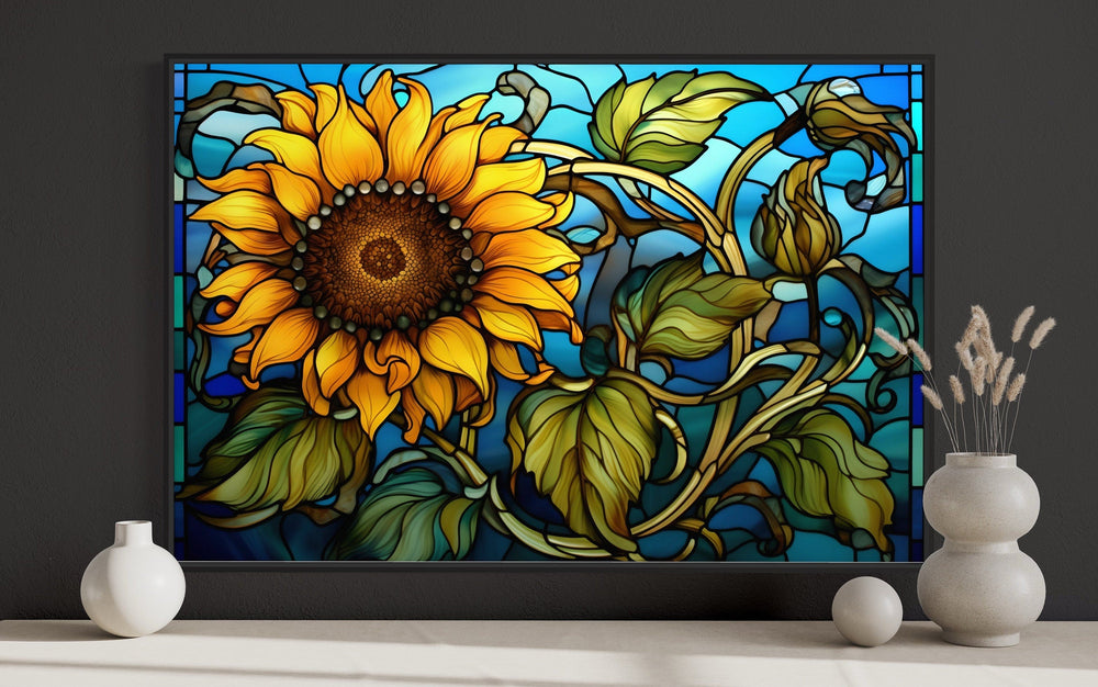 Sunflower Stained Glass Art Deco Style Framed Canvas Wall Art close up