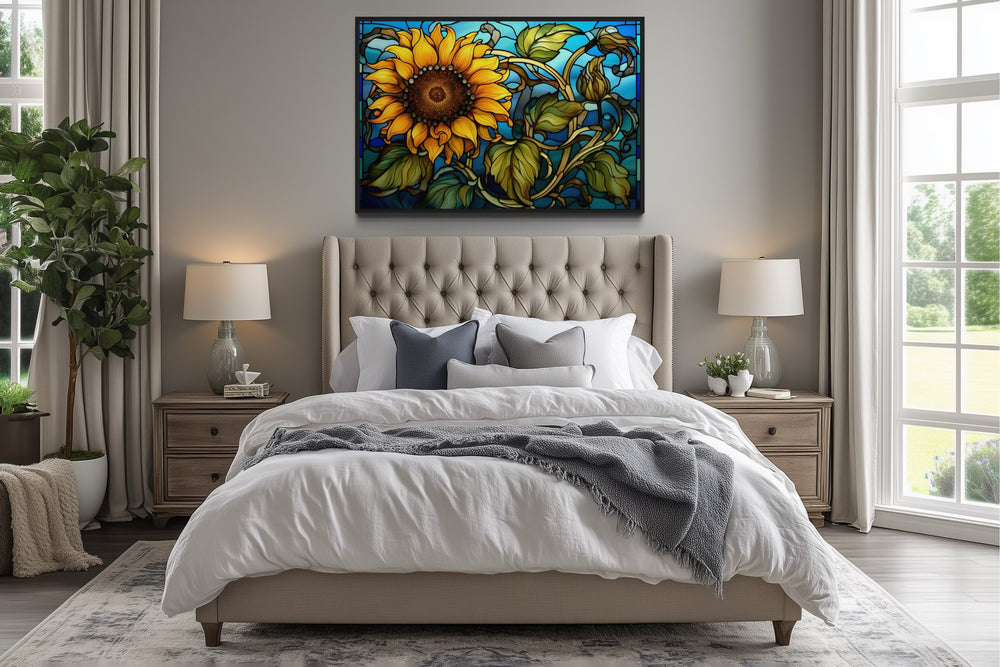 Sunflower Stained Glass Art Deco Style Framed Canvas Wall Art