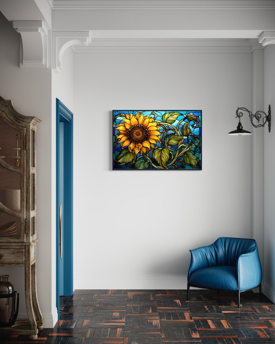 Sunflower Stained Glass Art Deco Style Framed Canvas Wall Art