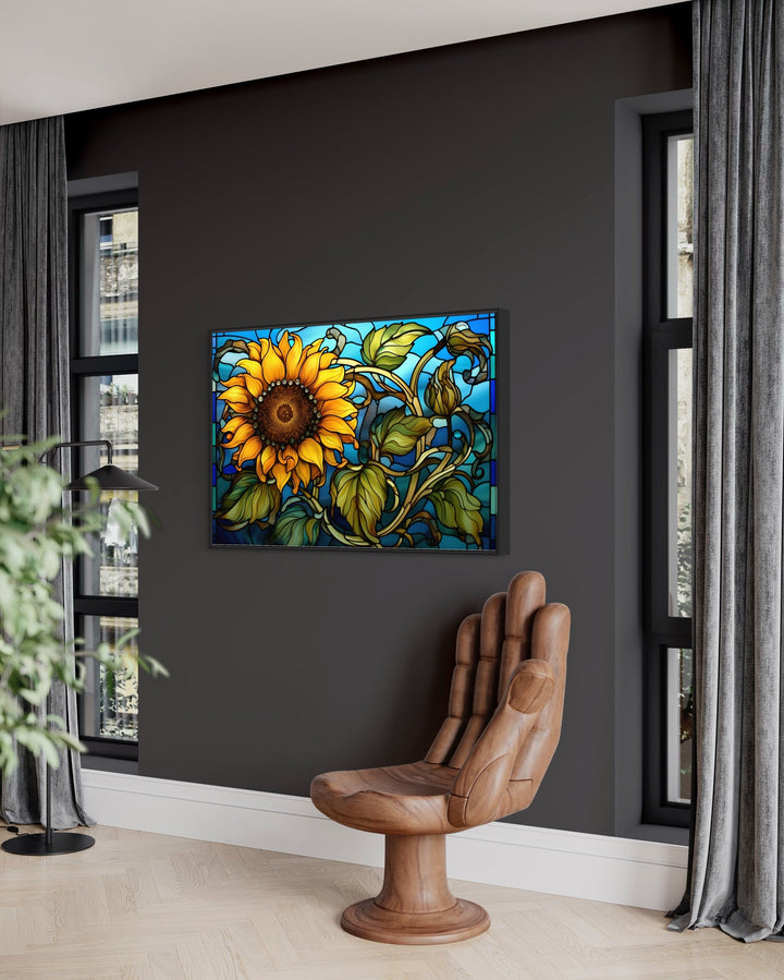 Sunflower Stained Glass Art Deco Style Framed Canvas Wall Art