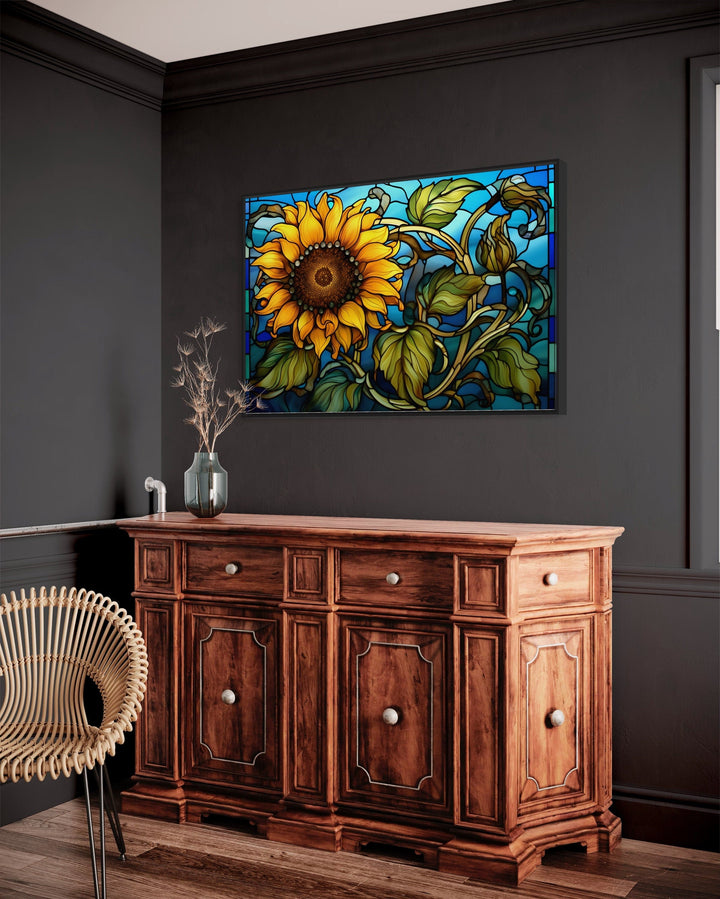 Sunflower Stained Glass Art Deco Style Framed Canvas Wall Art