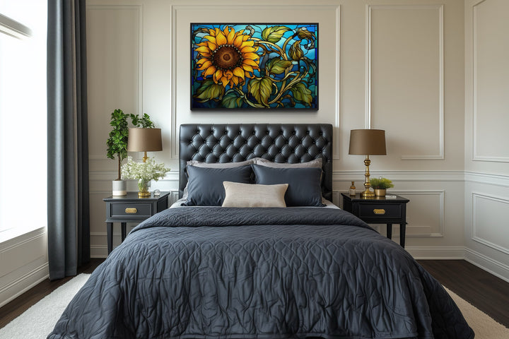 Sunflower Stained Glass Art Deco Style Framed Canvas Wall Art