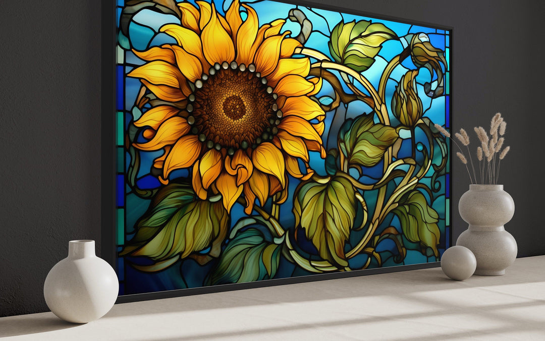 Sunflower Stained Glass Art Deco Style Framed Canvas Wall Art