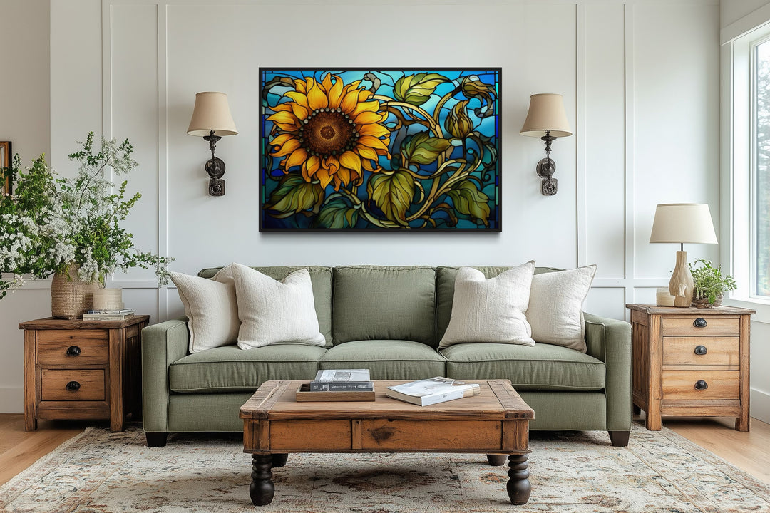 Sunflower Stained Glass Art Deco Style Framed Canvas Wall Art