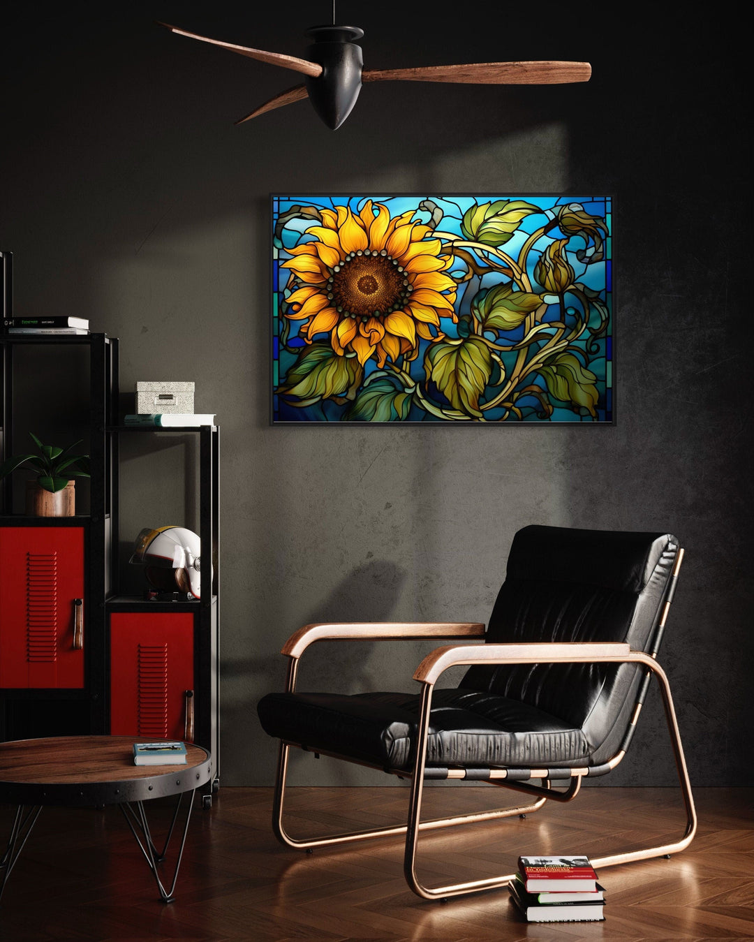 Sunflower Stained Glass Art Deco Style Framed Canvas Wall Art