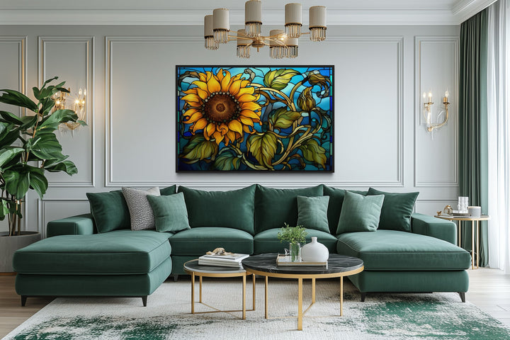 Sunflower Stained Glass Art Deco Style Framed Canvas Wall Art