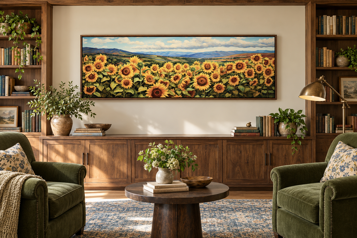 Long horizontal wall art of a sunflower field under a blue sky in a rustic farmhouse living room.