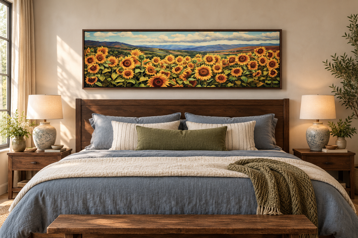Long horizontal rustic farmhouse wall art of a sunflower field above a bed in a cozy bedroom.