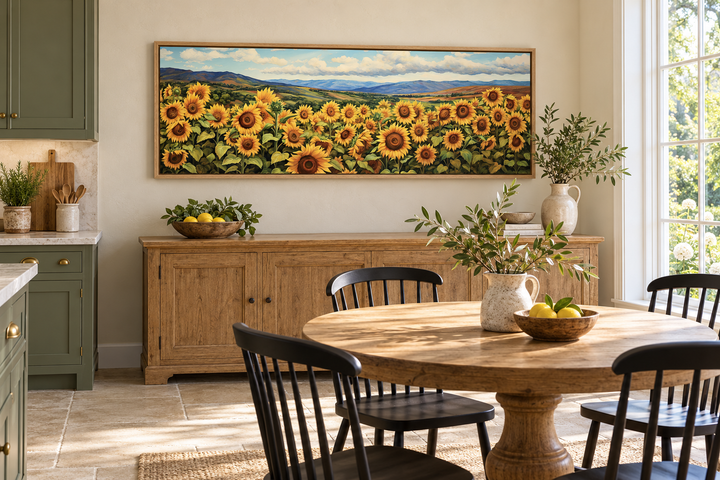 Long horizontal sunflower field painting in a rustic wood frame above a wooden sideboard.