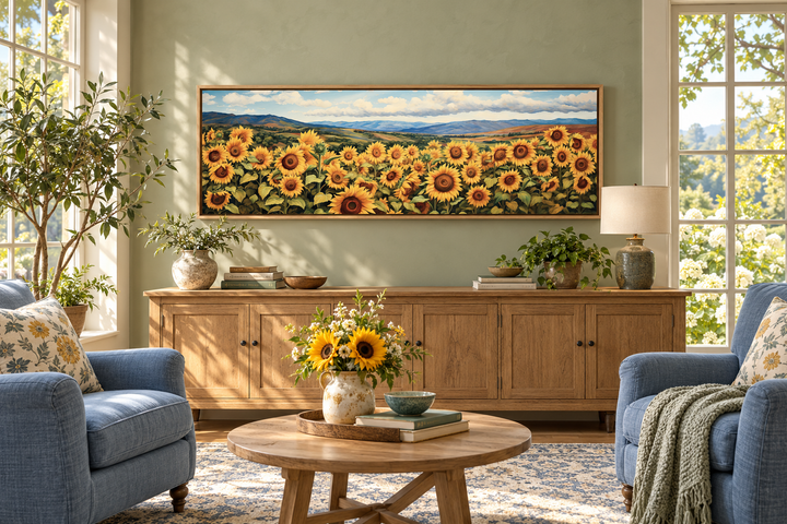 Long horizontal rustic farmhouse wall art featuring a vibrant field of sunflowers in an oak frame.