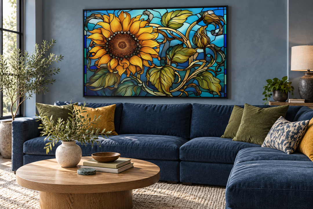 Framed sunflower stained glass style canvas art above a blue sectional sofa in a modern living room.
