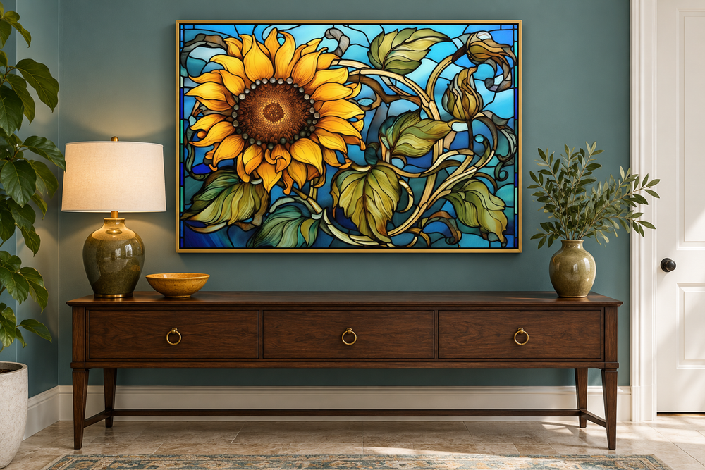 Sunflower stained glass Art Deco style framed canvas wall art hanging above a wooden console table.