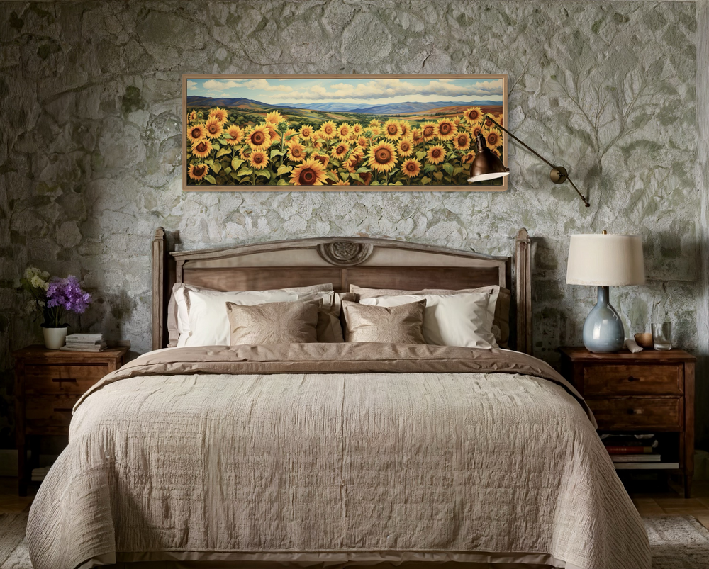 Sunflowers field rustic farmhouse long horizontal wall art hanging above a bed in a stone room.
