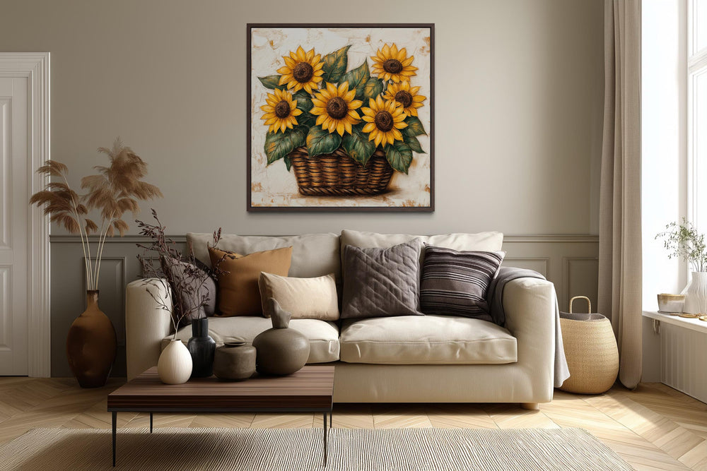 Framed canvas wall art of sunflowers in a wicker basket centered above a neutral farmhouse sofa.